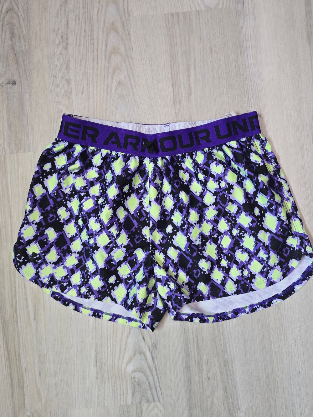 Under Armour Girls Purple Yellow Black Athletic Shorts with White Accents Size L